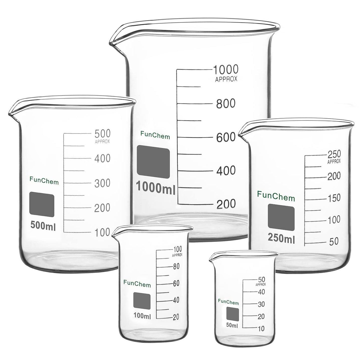 Glass Measuring Beaker Set, (5 Pieces)