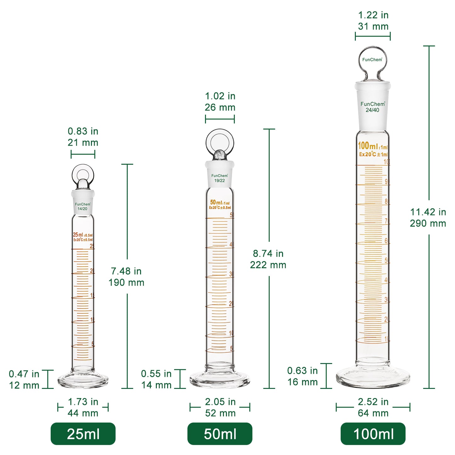 Measuring Cylinder with Glass Stopper, 25-100 ml