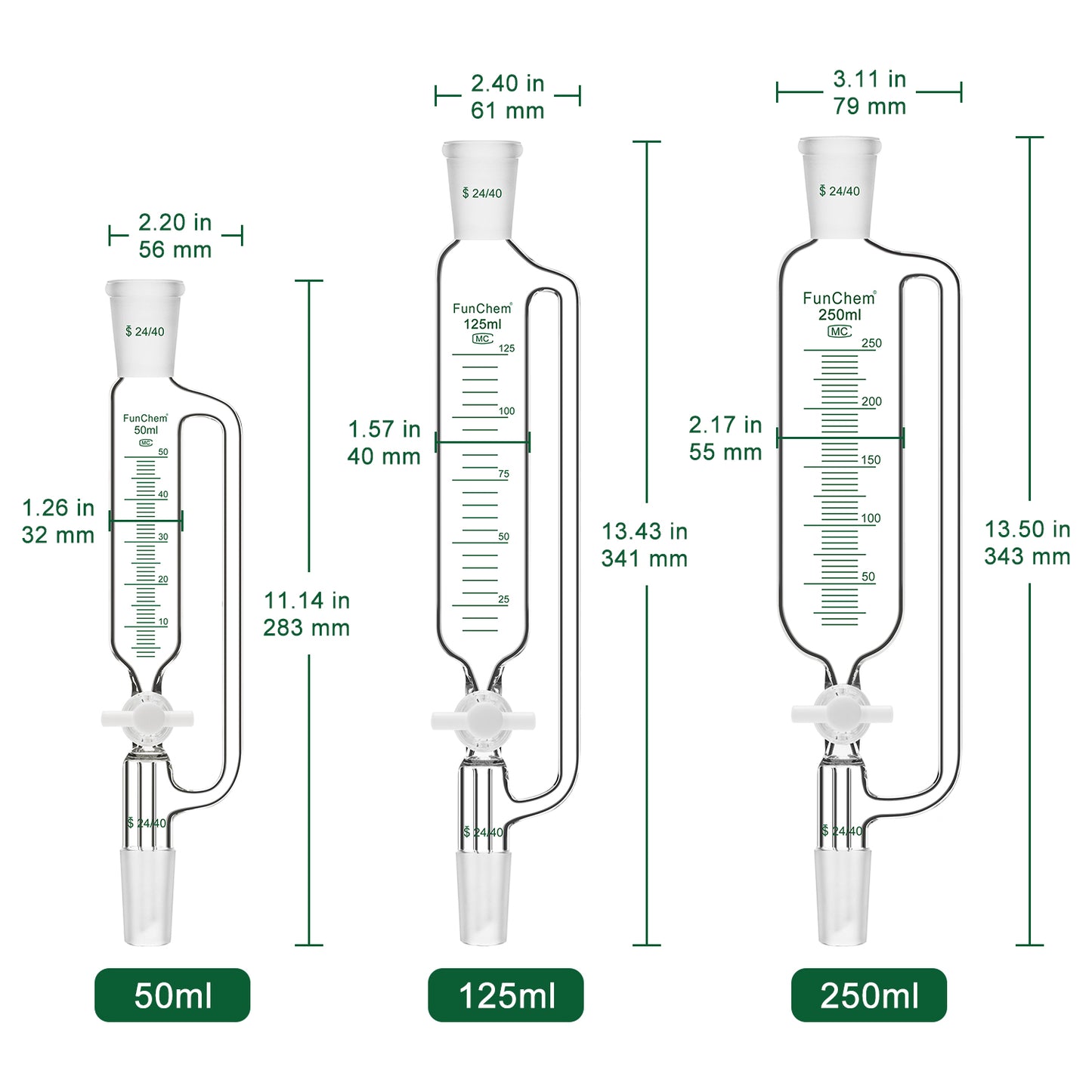 Pressure Equalizing Dropping Funnel, 24/40 Standard Joints, 50-250 ml