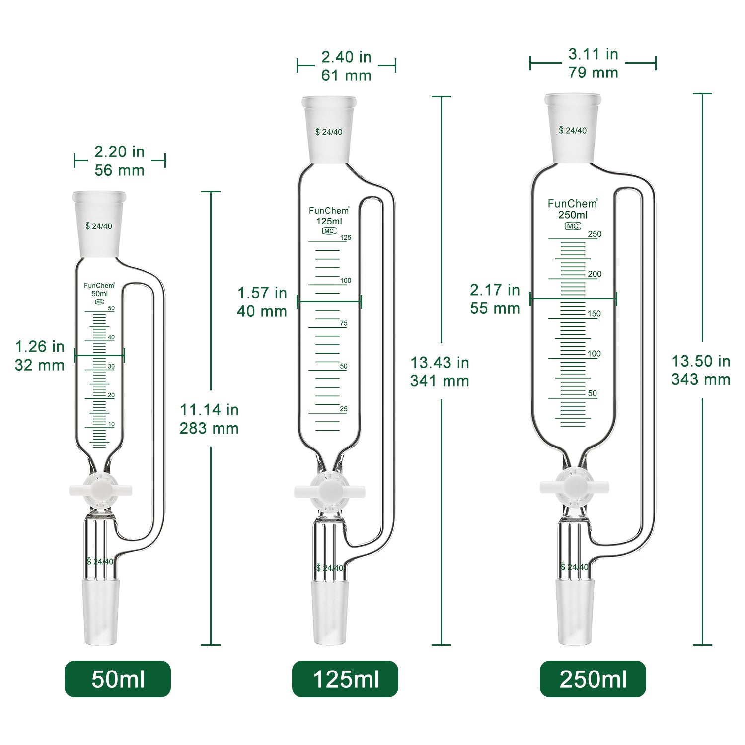 Pressure Equalizing Dropping Funnel, 24/40 Standard Joints, 50-250 ml