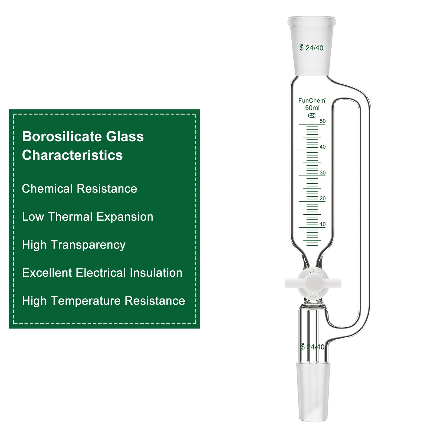 Pressure Equalizing Dropping Funnel, 24/40 Standard Joints, 50-250 ml