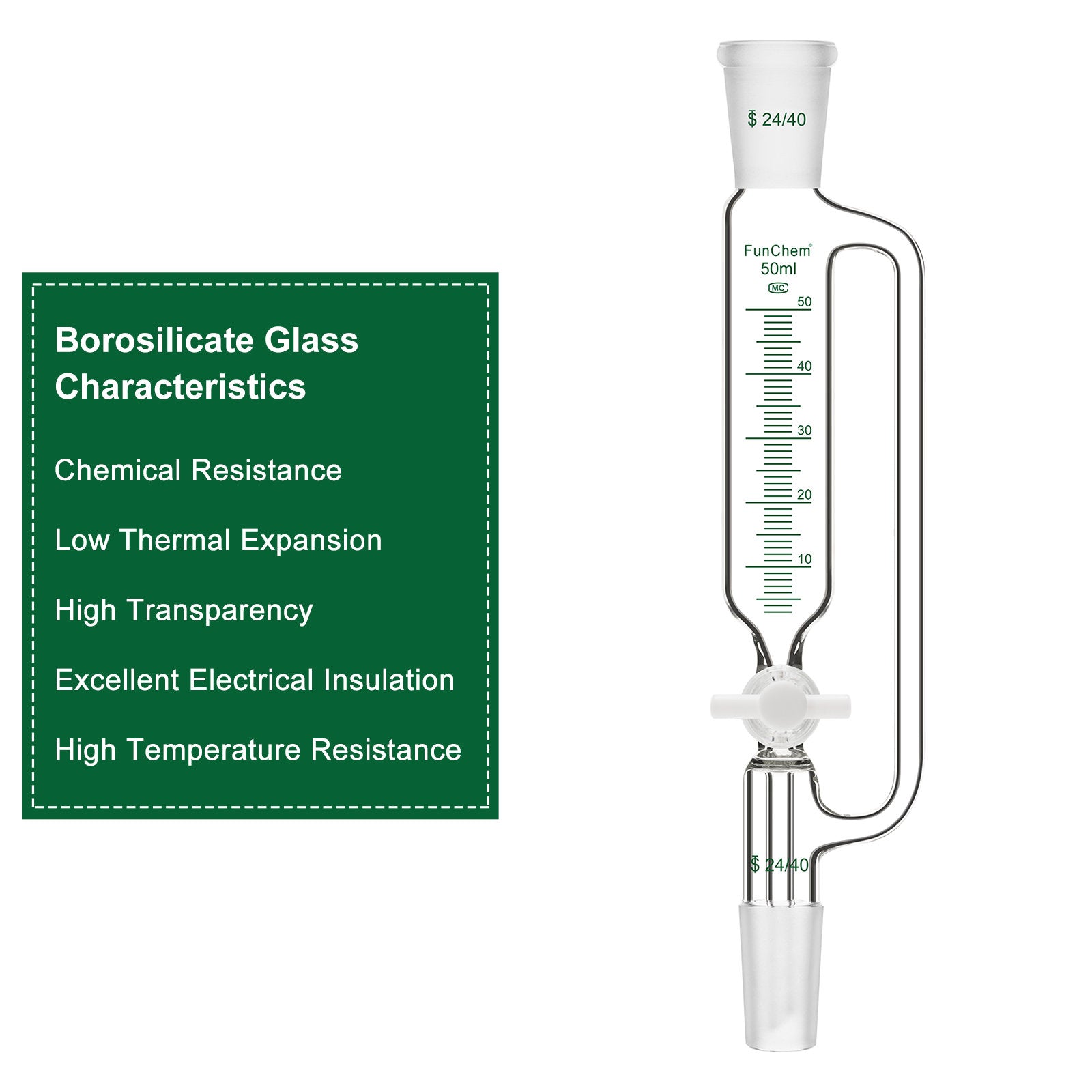 Pressure Equalizing Dropping Funnel, 24/40 Standard Joints, 50-250 ml
