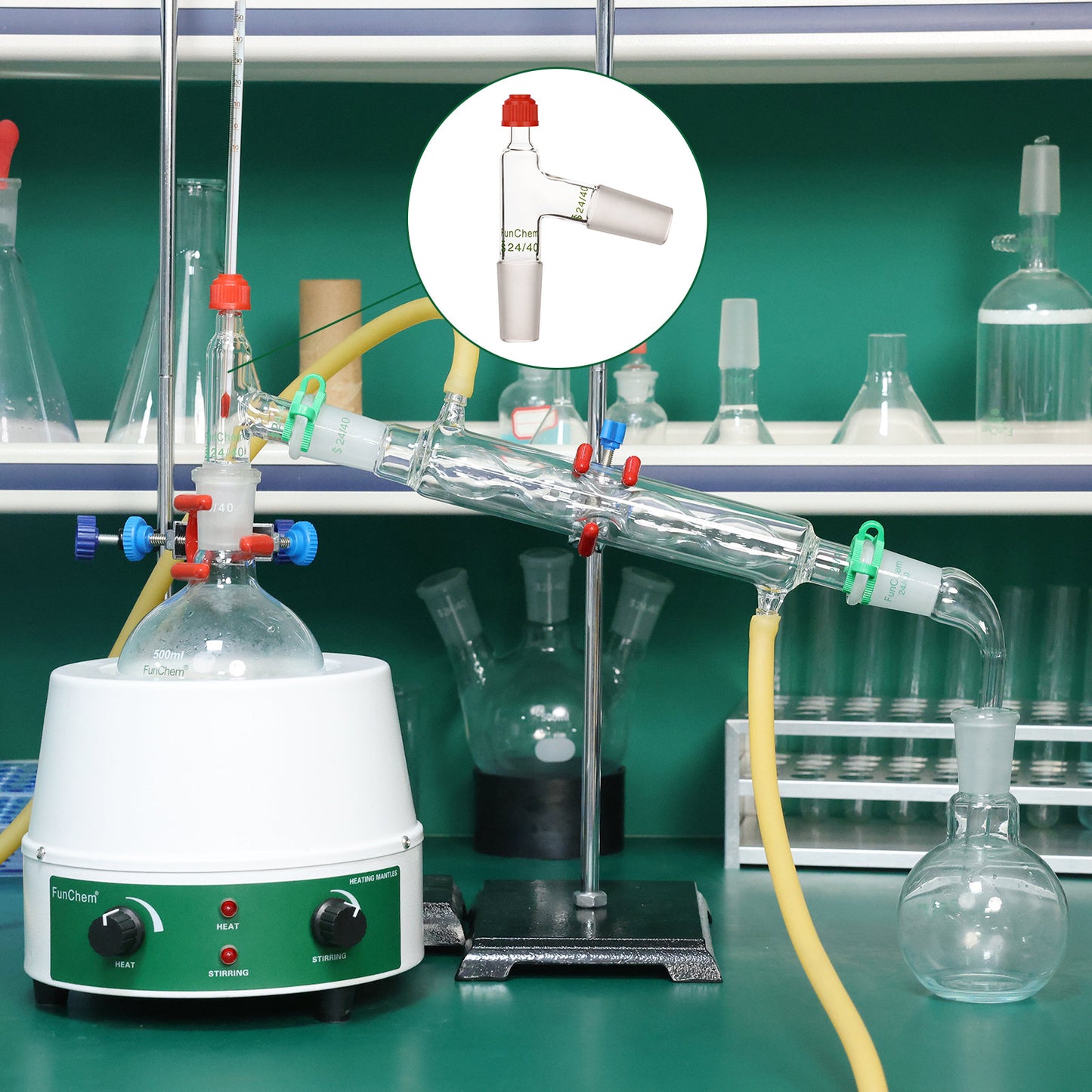 3-Way Distillation Adapter, GL18 Screw Cap Port, Borosilicate Glass